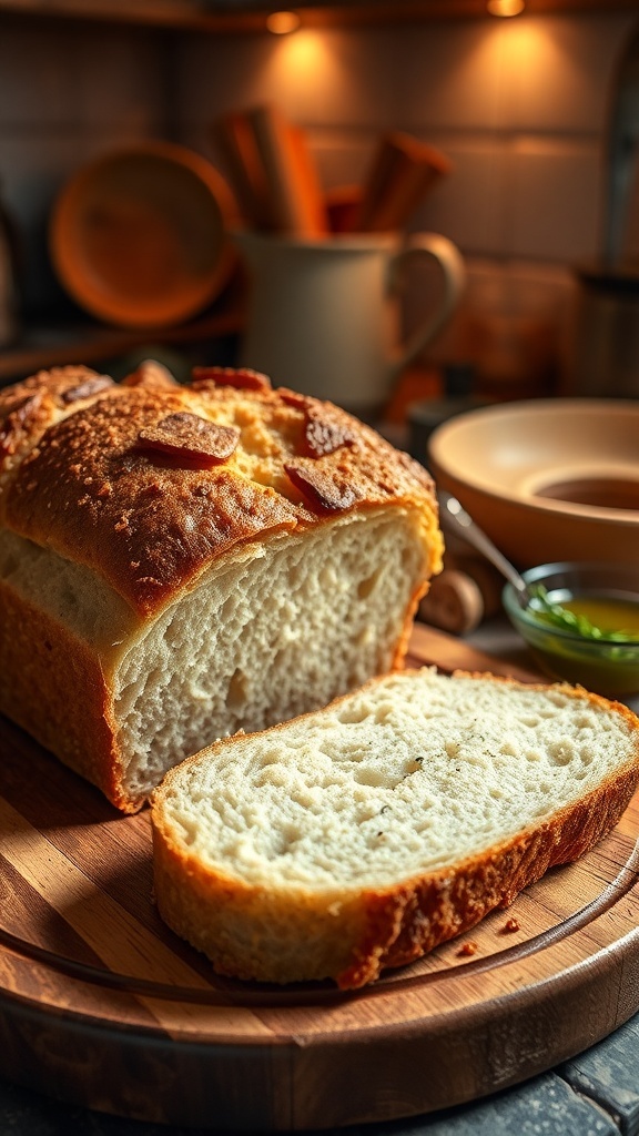 Delicious Gluten-Free Bread Recipe Freshly baked gluten-free bread loaf sliced on a wooden board with olive oil.